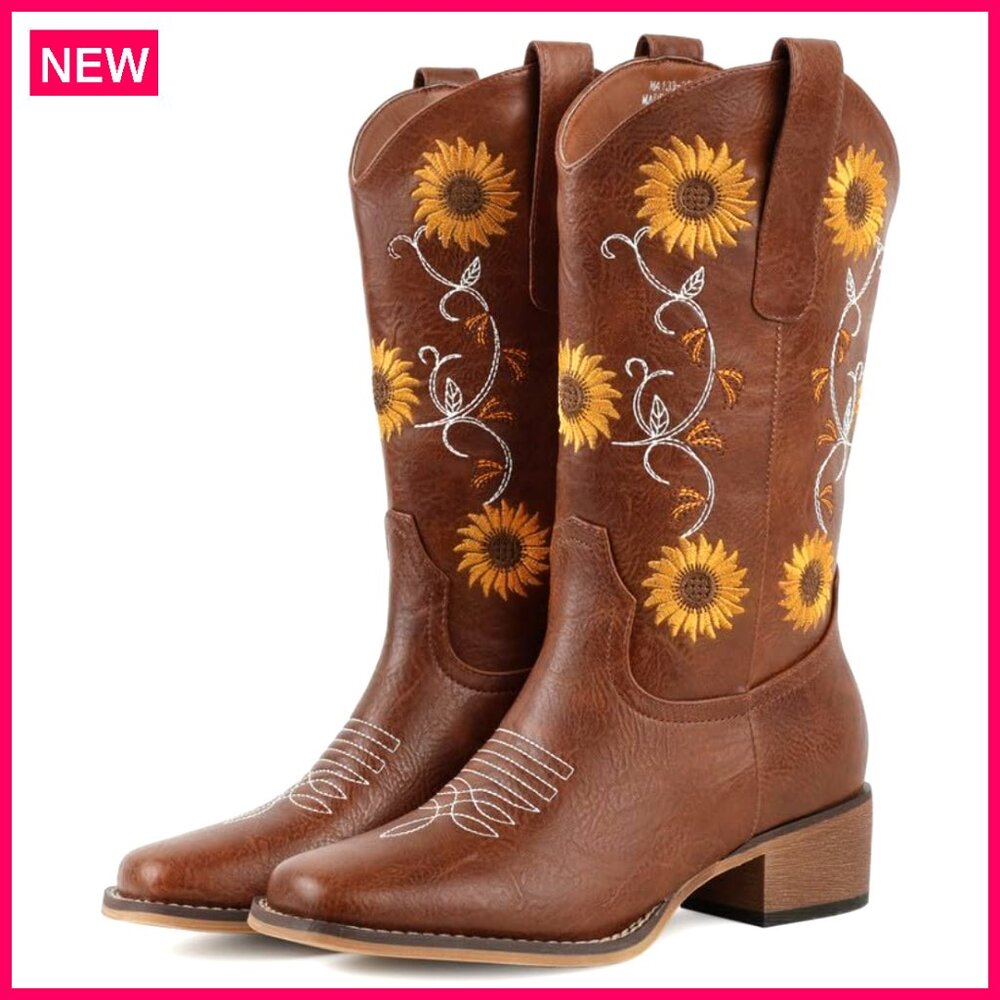 Square Toe Cowboy Boots with Sunflower Embroidery Chunky Heel Mid Calf - Picture 1 of 6